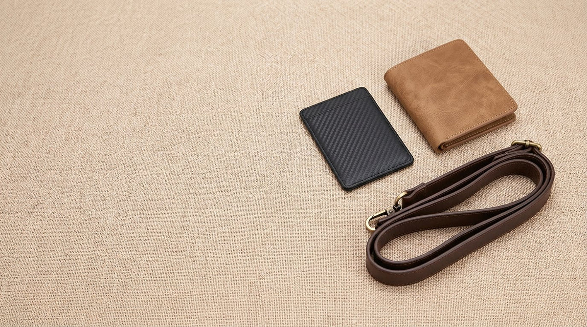 Porte-cartes et portefeuille MAREN posés sur un lin beige