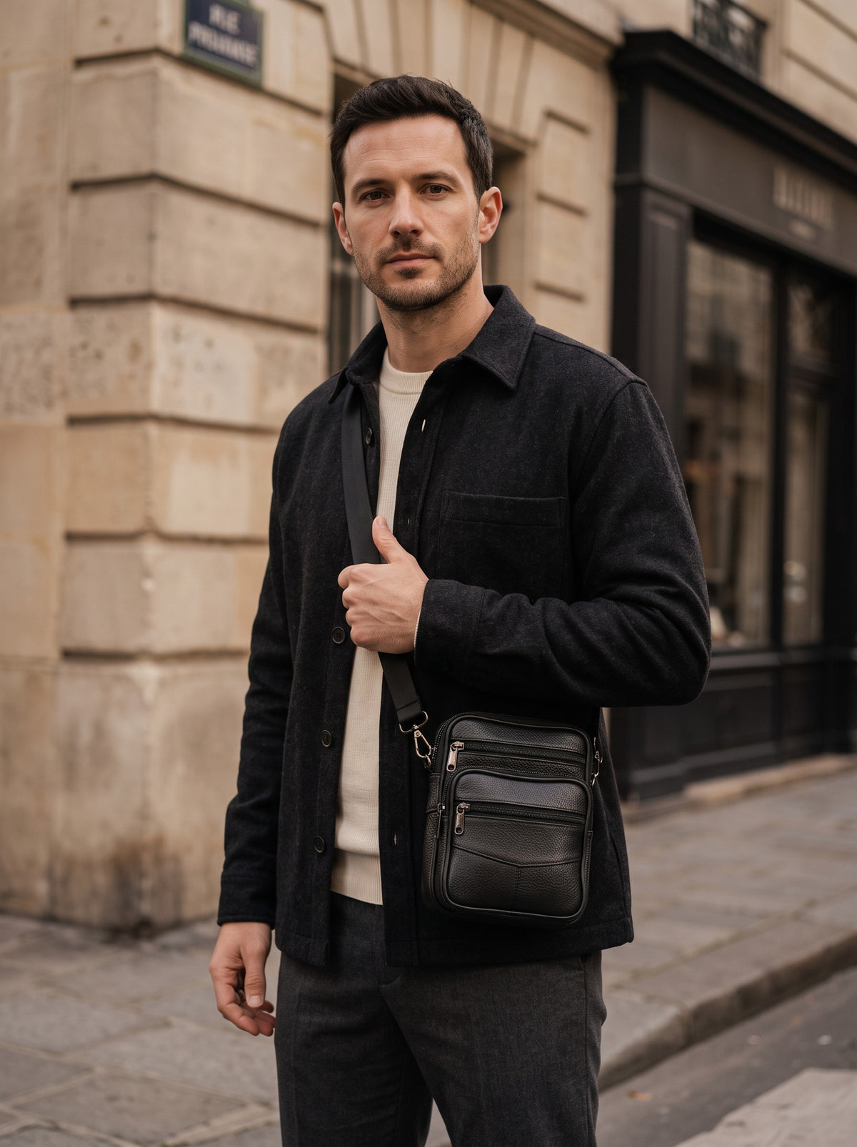 Sacoche homme bandoulière en cuir, poche téléphone — Le Compagnon, coloris Noir, portée en bandoulière