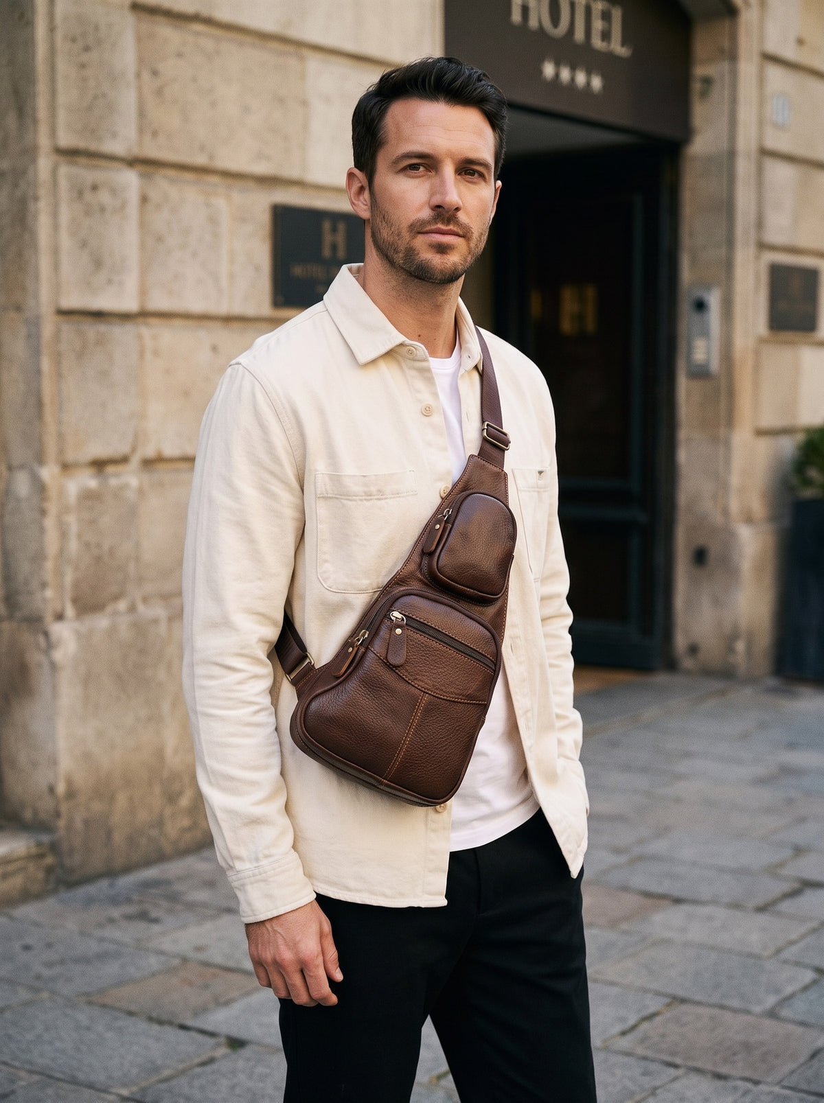 Sacoche bandoulière en cuir vintage homme — Le Voyageur, coloris Café, portée en travers de la poitrine