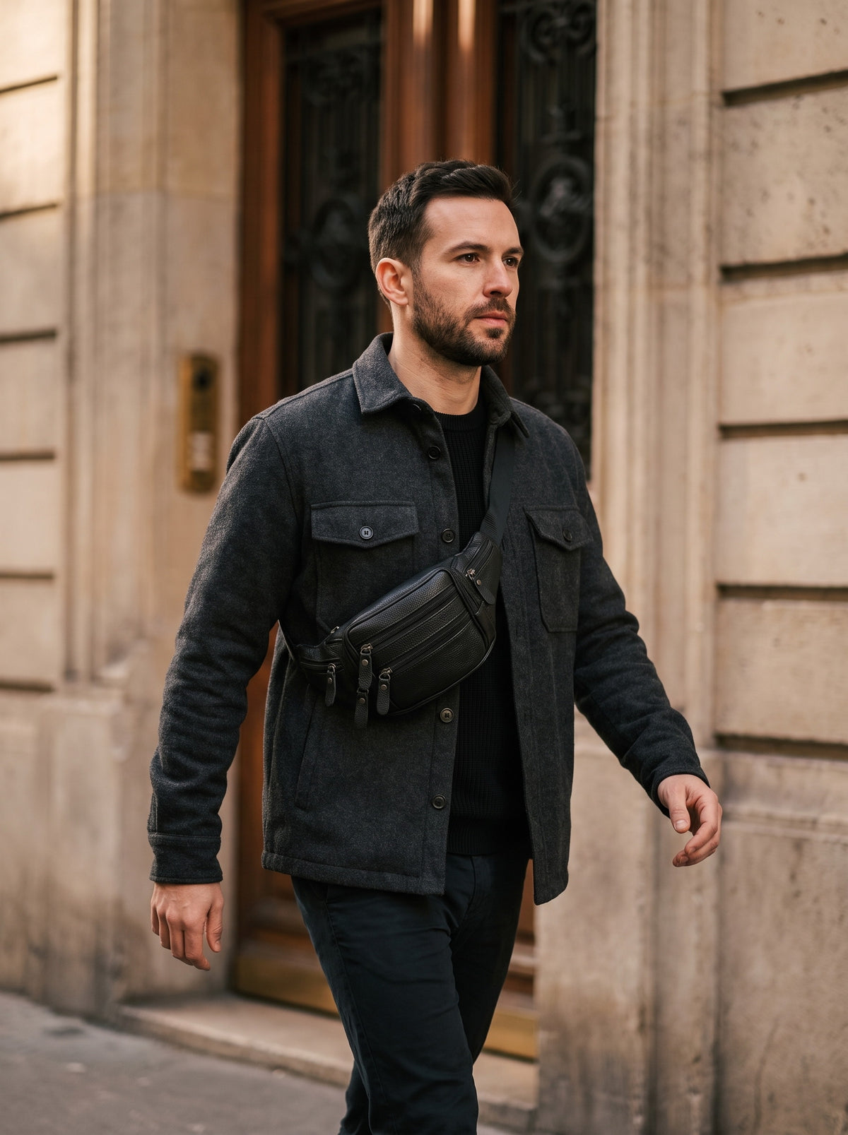 Sac banane cuir homme, ceinture et bandoulière — Le Cargo, coloris Noir, porté en bandoulière
