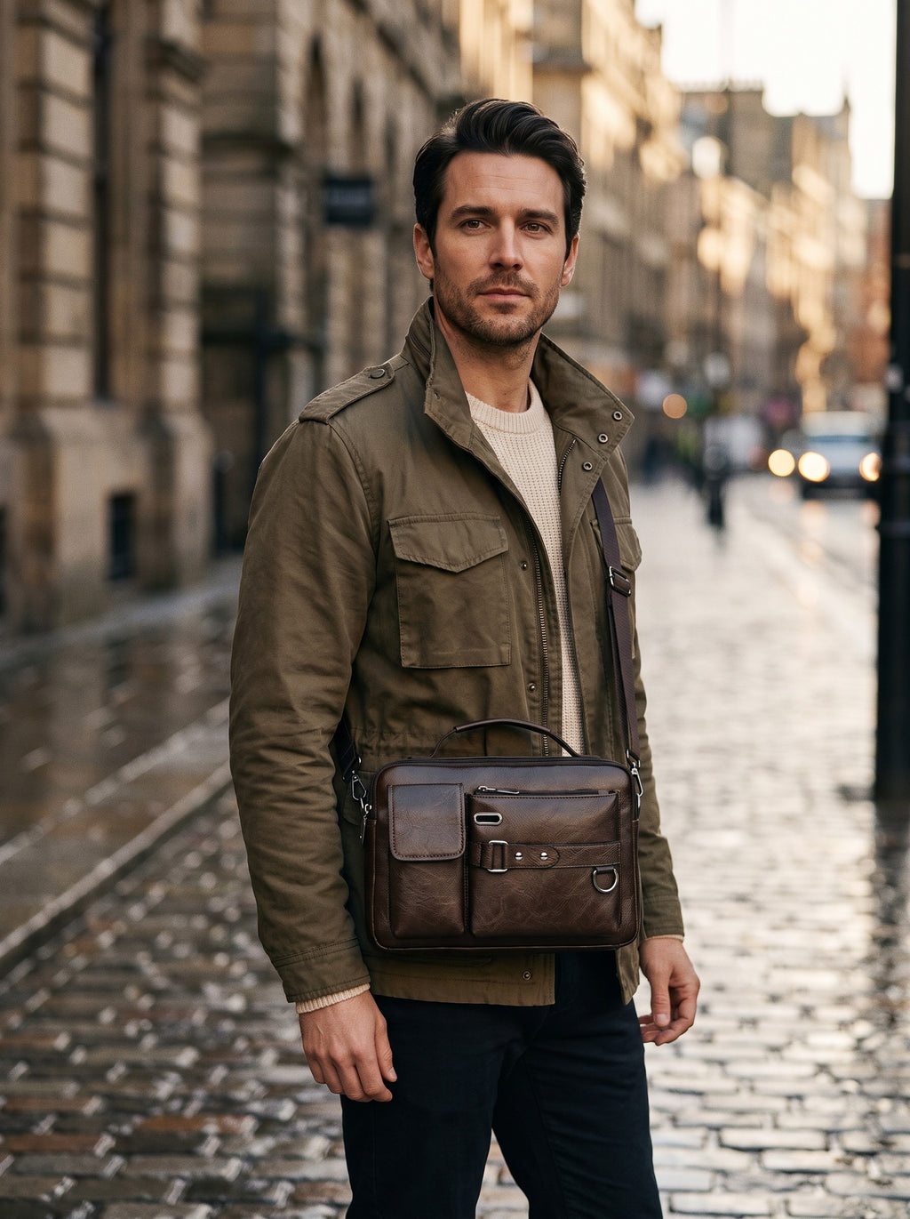 Sacoche messager homme rétro déperlante — Le Déperlant, coloris Marron, portée en bandoulière