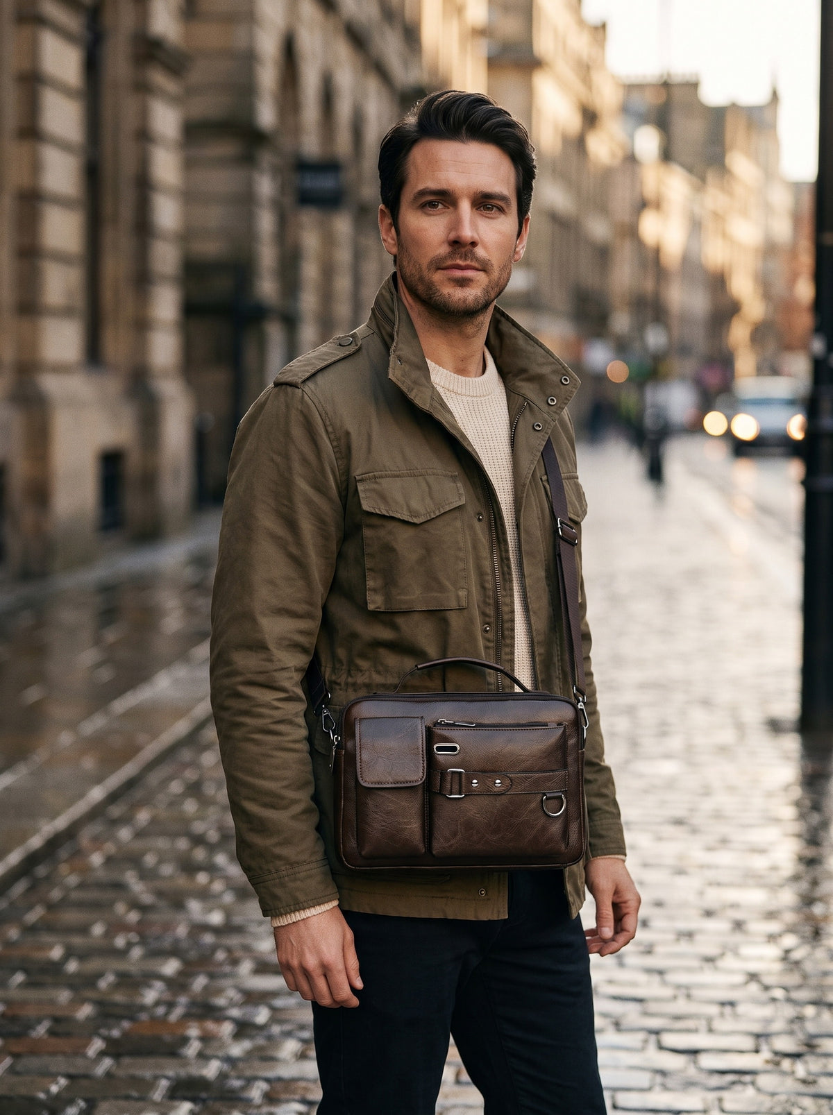 Sacoche messager homme rétro déperlante — Le Déperlant, coloris Marron, portée en bandoulière