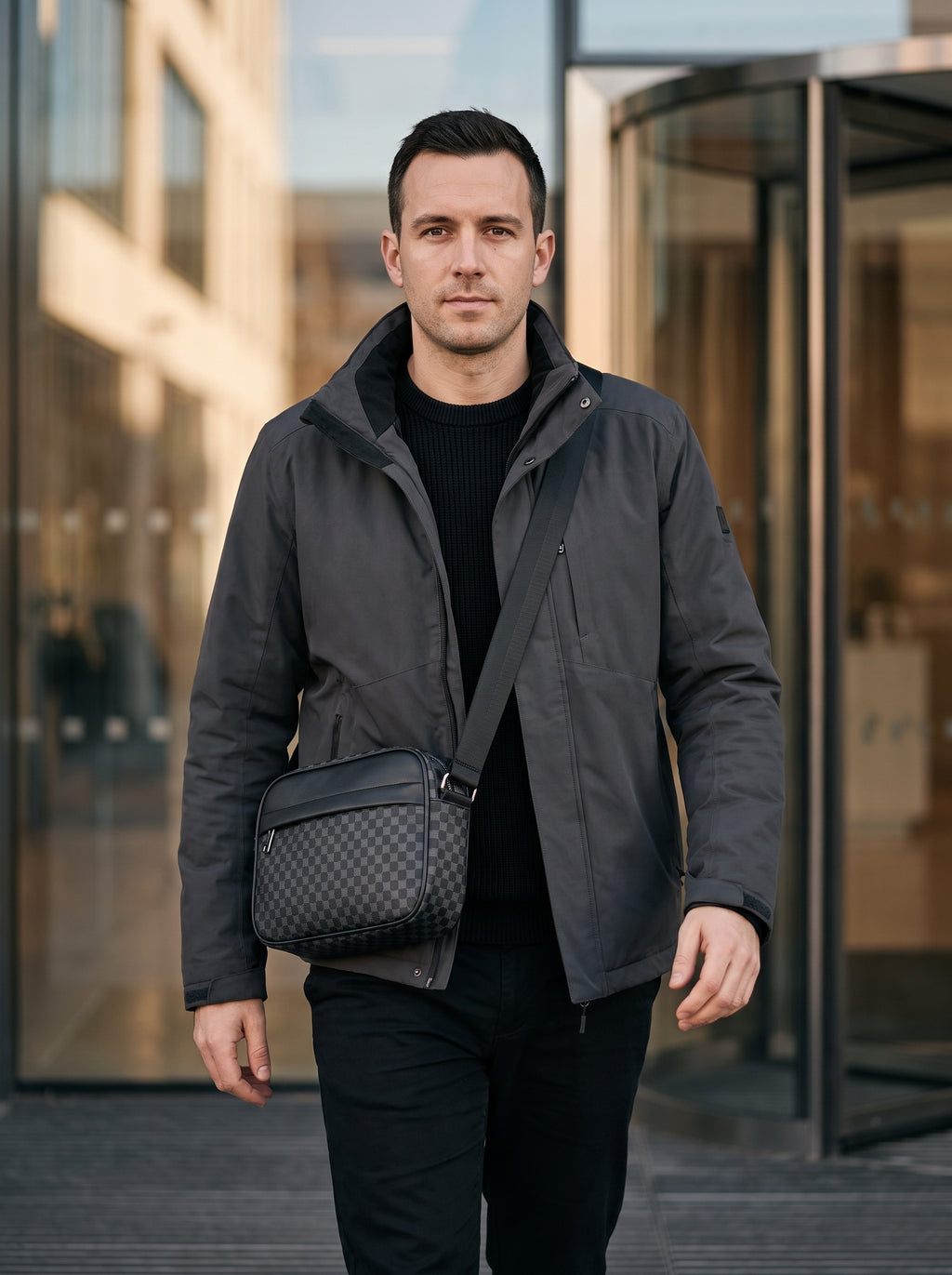 Sacoche bandoulière homme business légère — Le Cadre, coloris Noir façade damier, portée en bandoulière