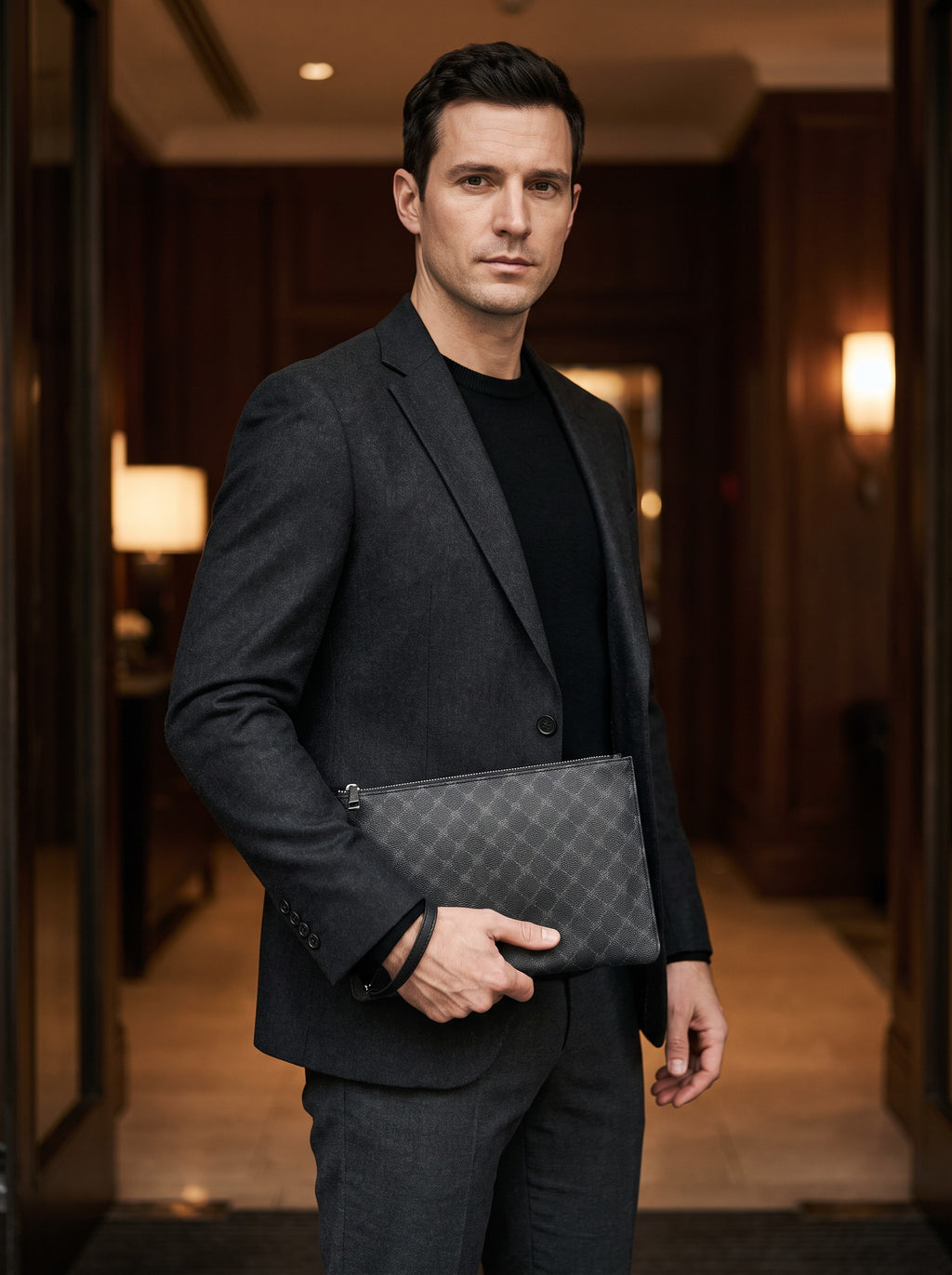 Pochette plate homme en polyester, sacoche messager — La Pochette, coloris Noir, portée à la main