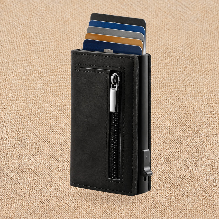 Porte-cartes aluminium RFID à éjection — Le Blindé, coloris Noir, cartes éjectées