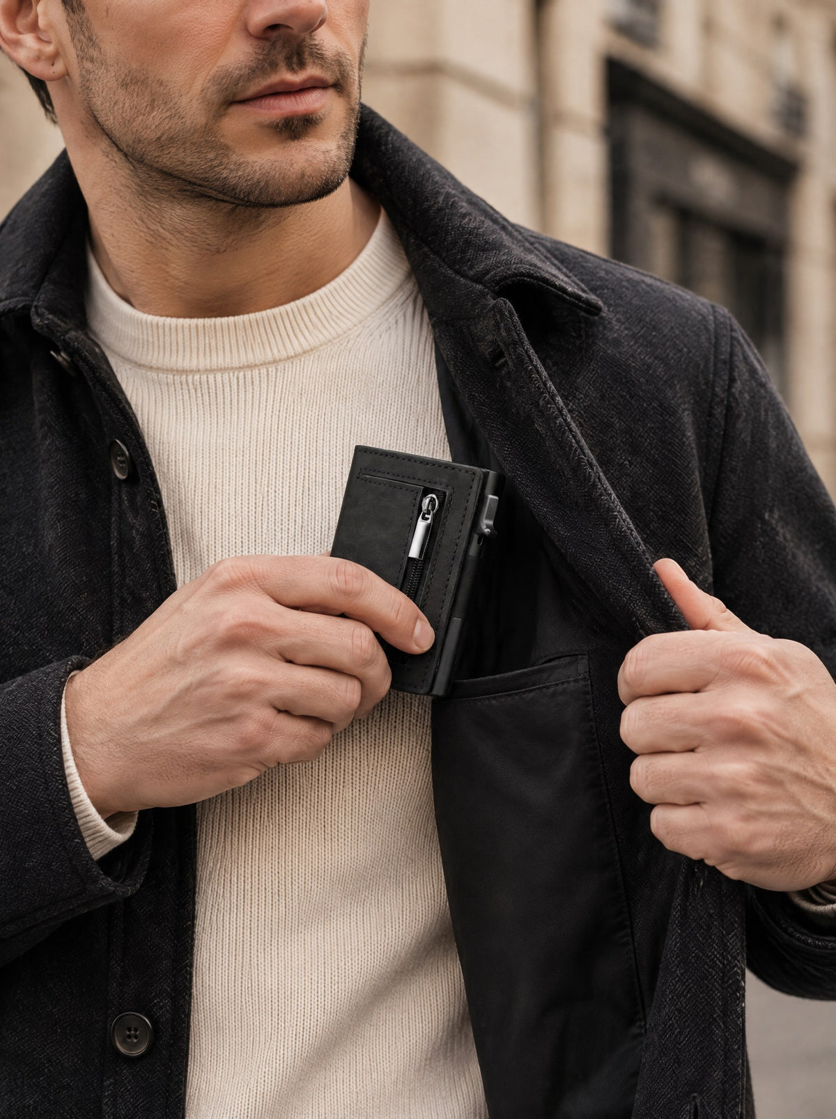 Porte-cartes aluminium RFID à éjection — Le Blindé, coloris Noir, sorti de la poche du manteau