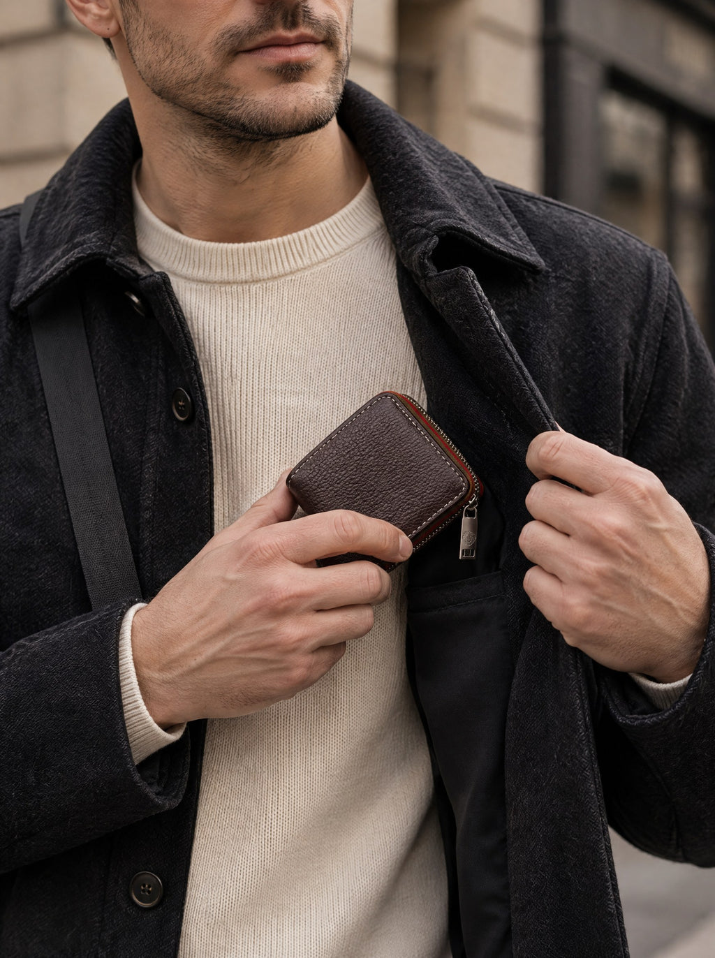 Porte-cartes homme cuir zippé RFID — Le Cardinal, coloris Café, sorti de la poche du manteau