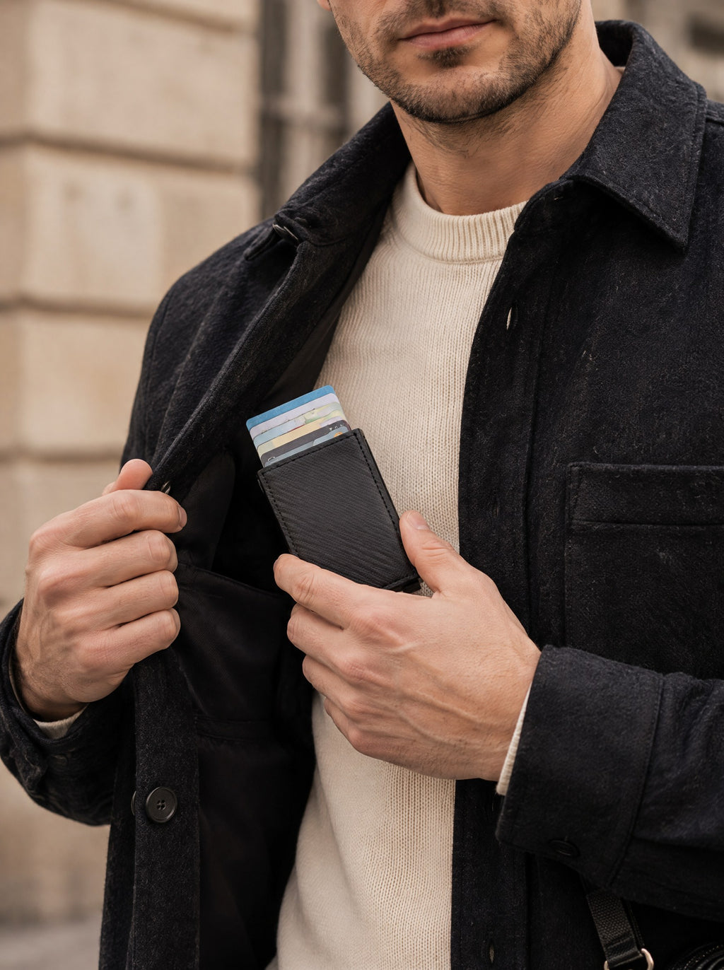 Porte-cartes RFID effet carbone, éjection en éventail — Le Carbone, coloris Carbone compact, sorti de la poche du manteau