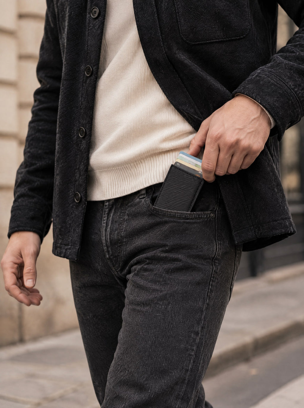 Porte-cartes RFID effet carbone, éjection en éventail — Le Carbone, coloris Carbone compact, sorti de la poche du jean