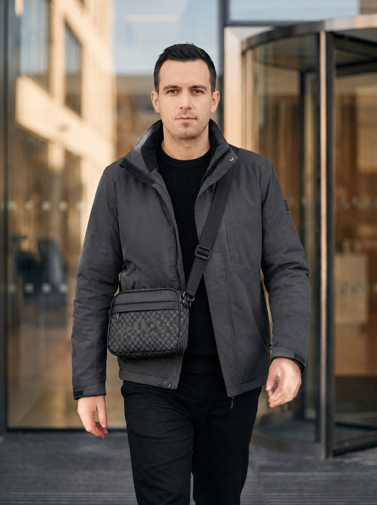 Petite sacoche bandoulière homme business — Le Minimal, coloris Gris foncé, porté de face