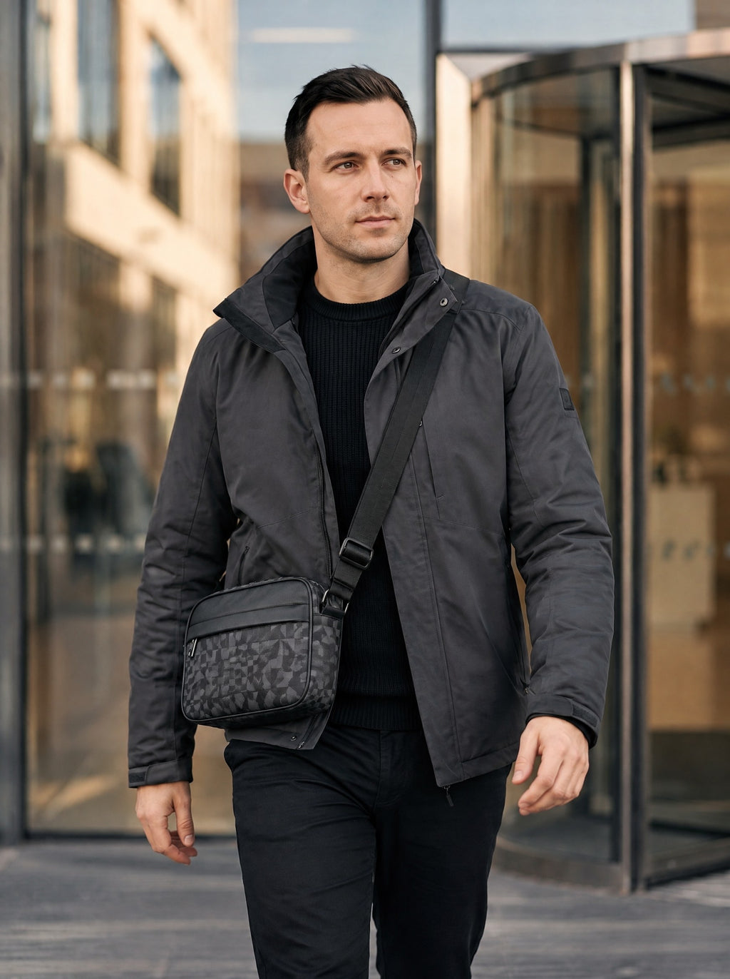 Petite sacoche bandoulière homme business — Le Minimal, coloris Gris foncé, porté en marche, vue de trois quarts