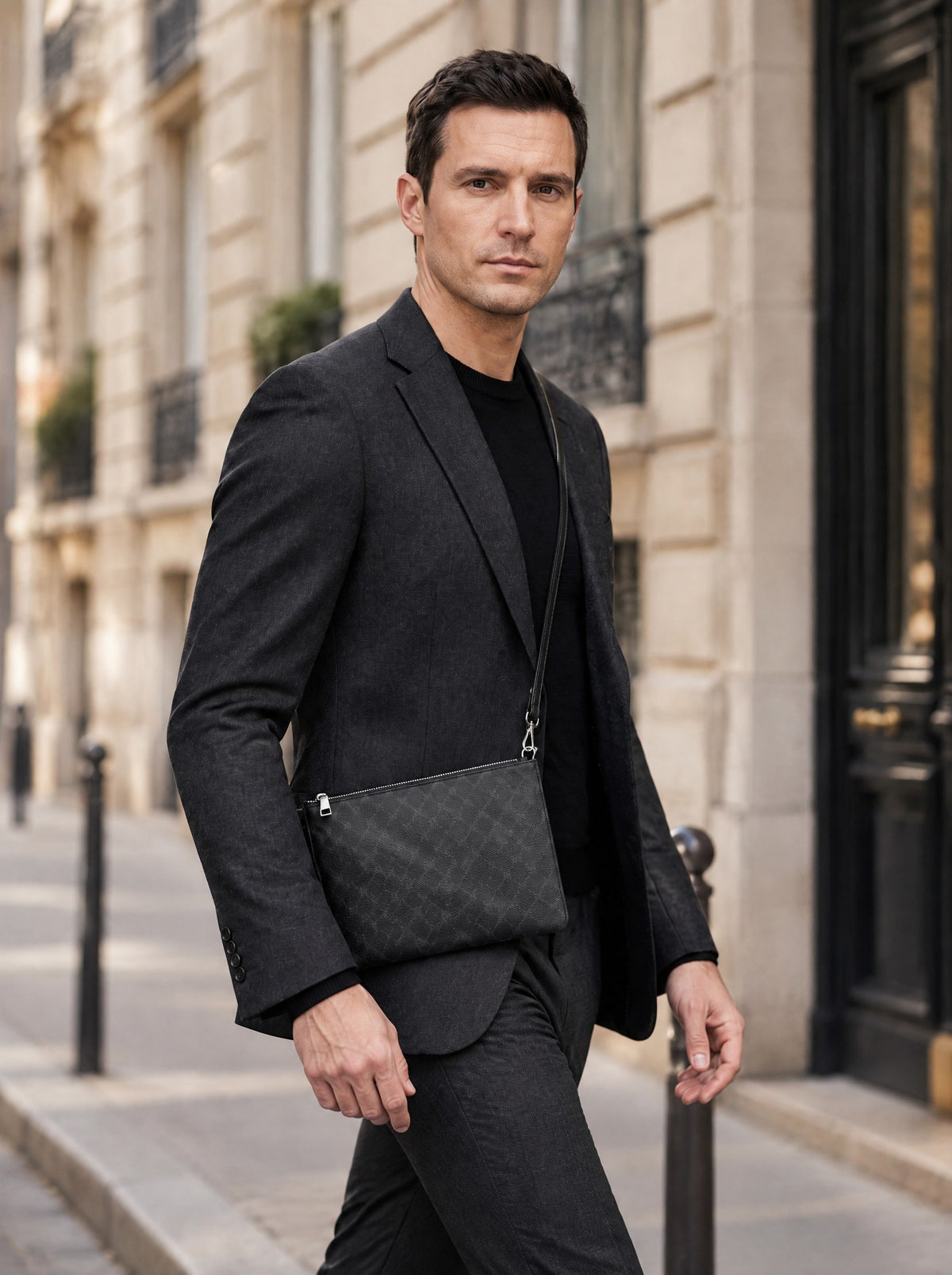 Pochette plate homme, sacoche messager — La Pochette, coloris Noir, porté en marche, vue de trois quarts