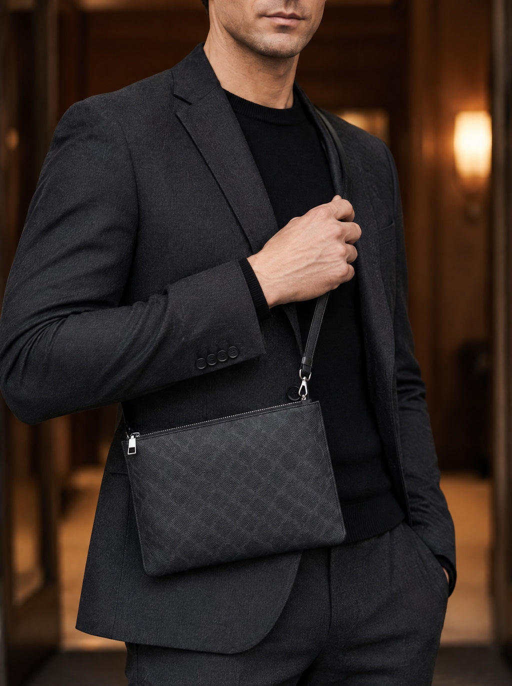 Pochette plate homme, sacoche messager — La Pochette, coloris Noir, porté gros plan