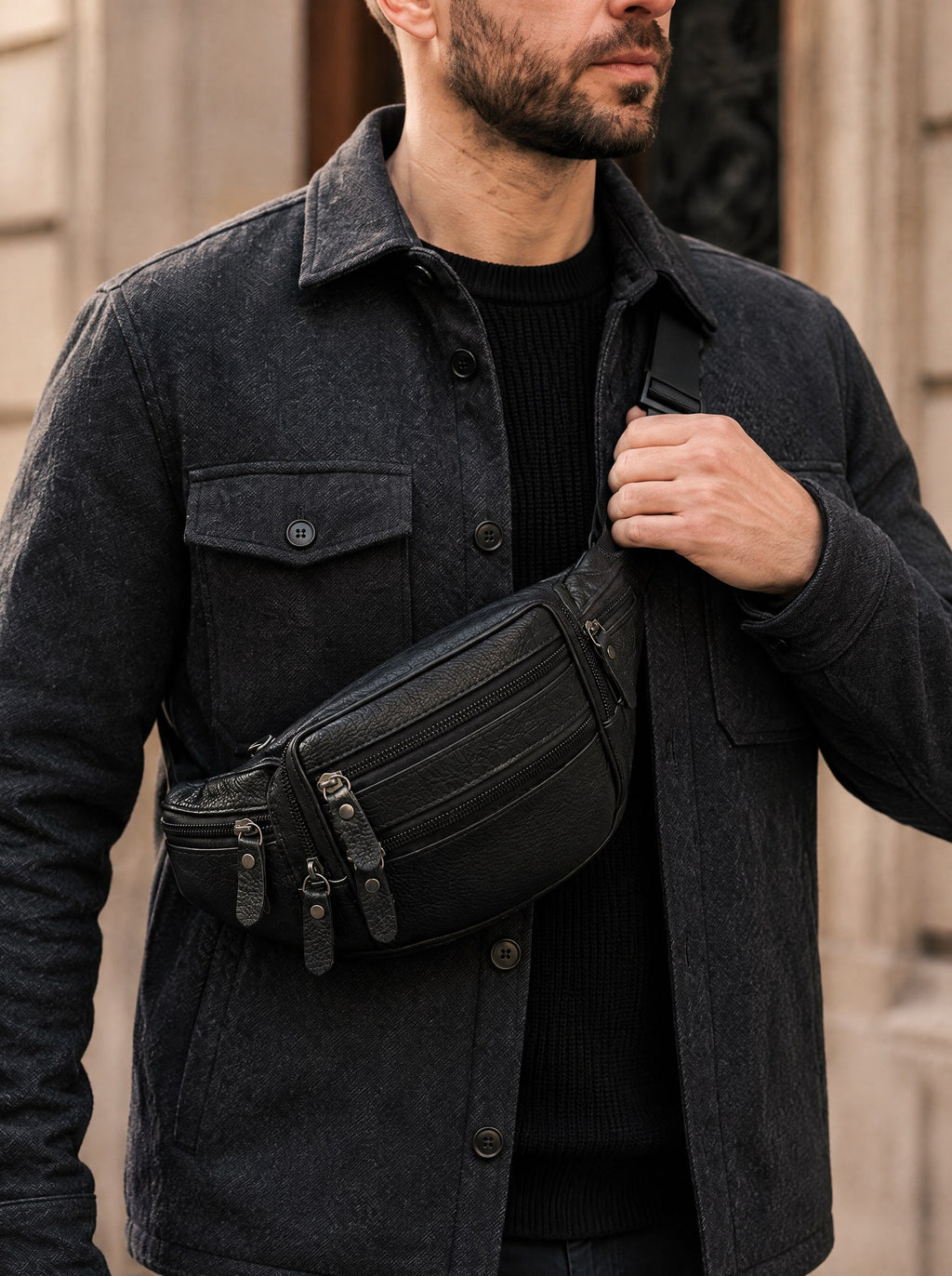 Sac banane cuir homme, ceinture et bandoulière — Le Cargo, coloris Noir, porté gros plan