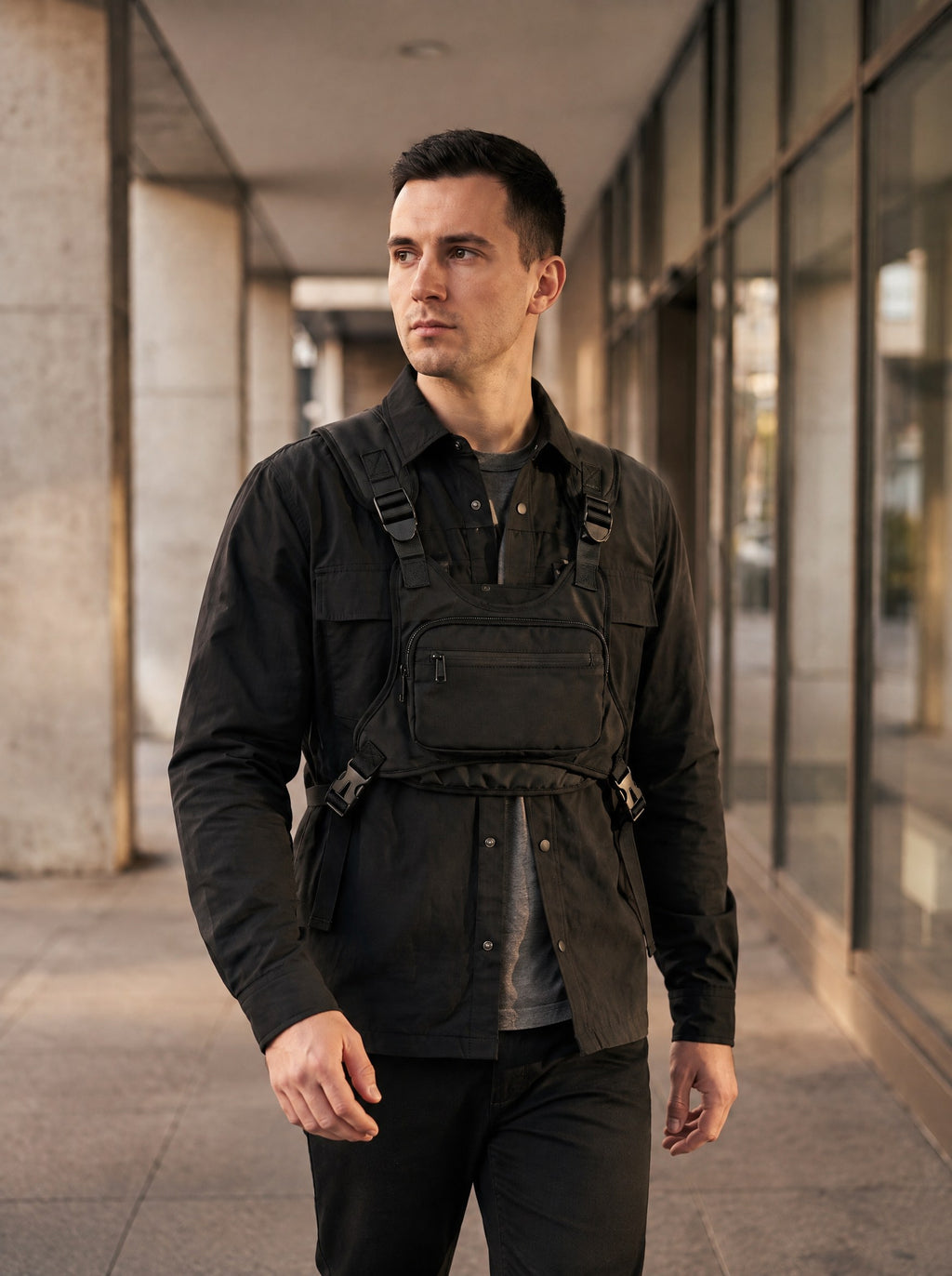 Sac de poitrine homme grande capacité streetwear — Le Tactique, coloris Noir, porté en marche, vue de trois quarts