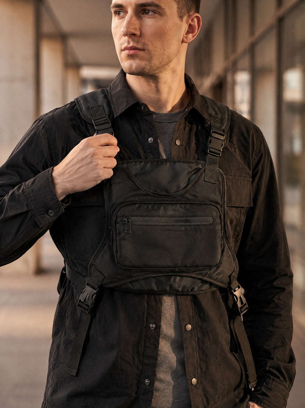 Sac de poitrine homme grande capacité streetwear — Le Tactique, coloris Noir, porté gros plan