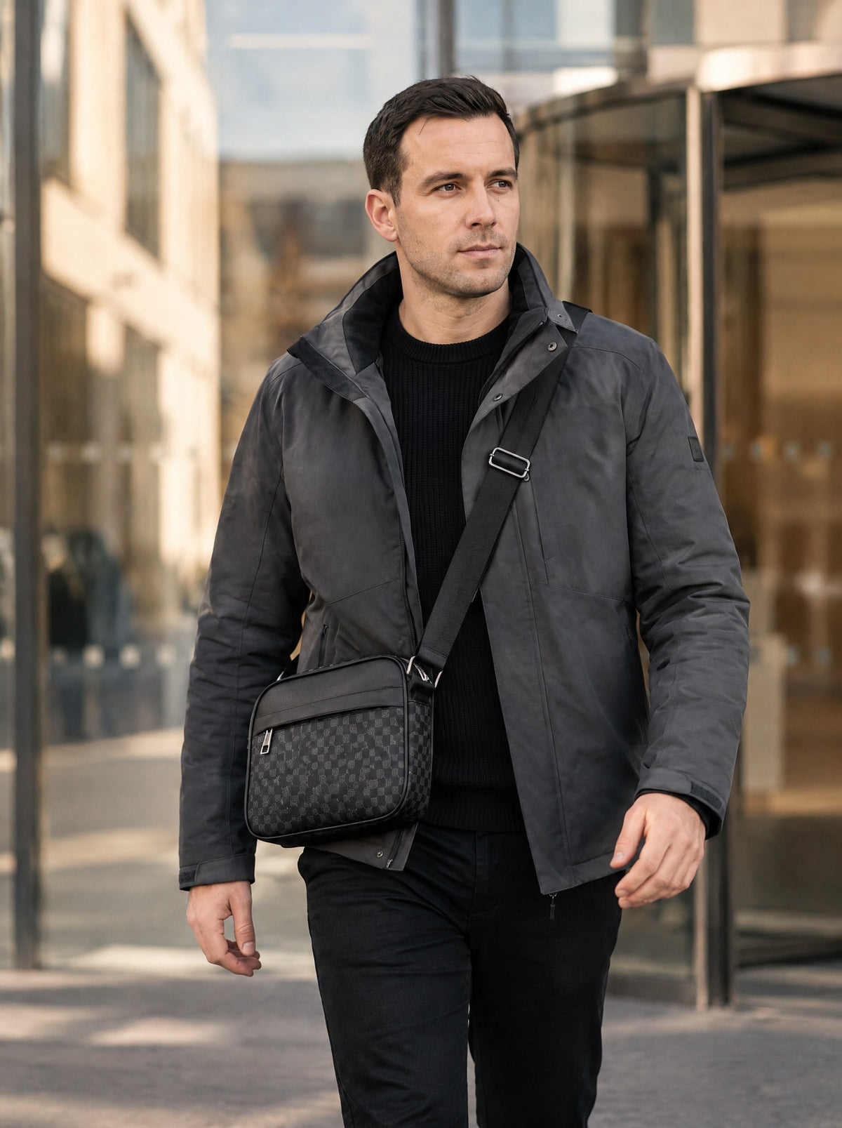 Sacoche bandoulière homme business légère — Le Cadre, coloris Noir façade damier, porté en marche, vue de trois quarts