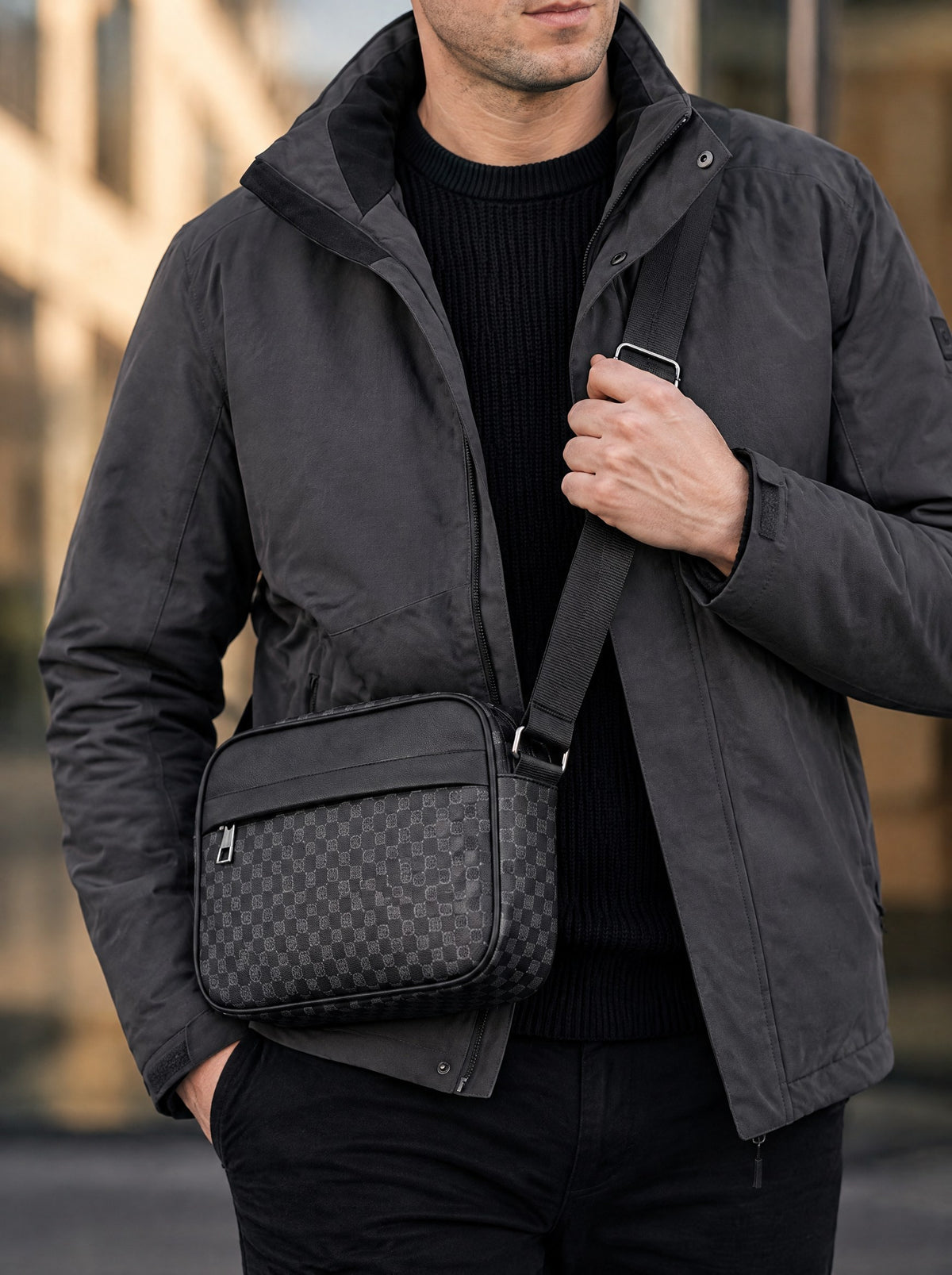 Sacoche bandoulière homme business légère — Le Cadre, coloris Noir façade damier, porté gros plan