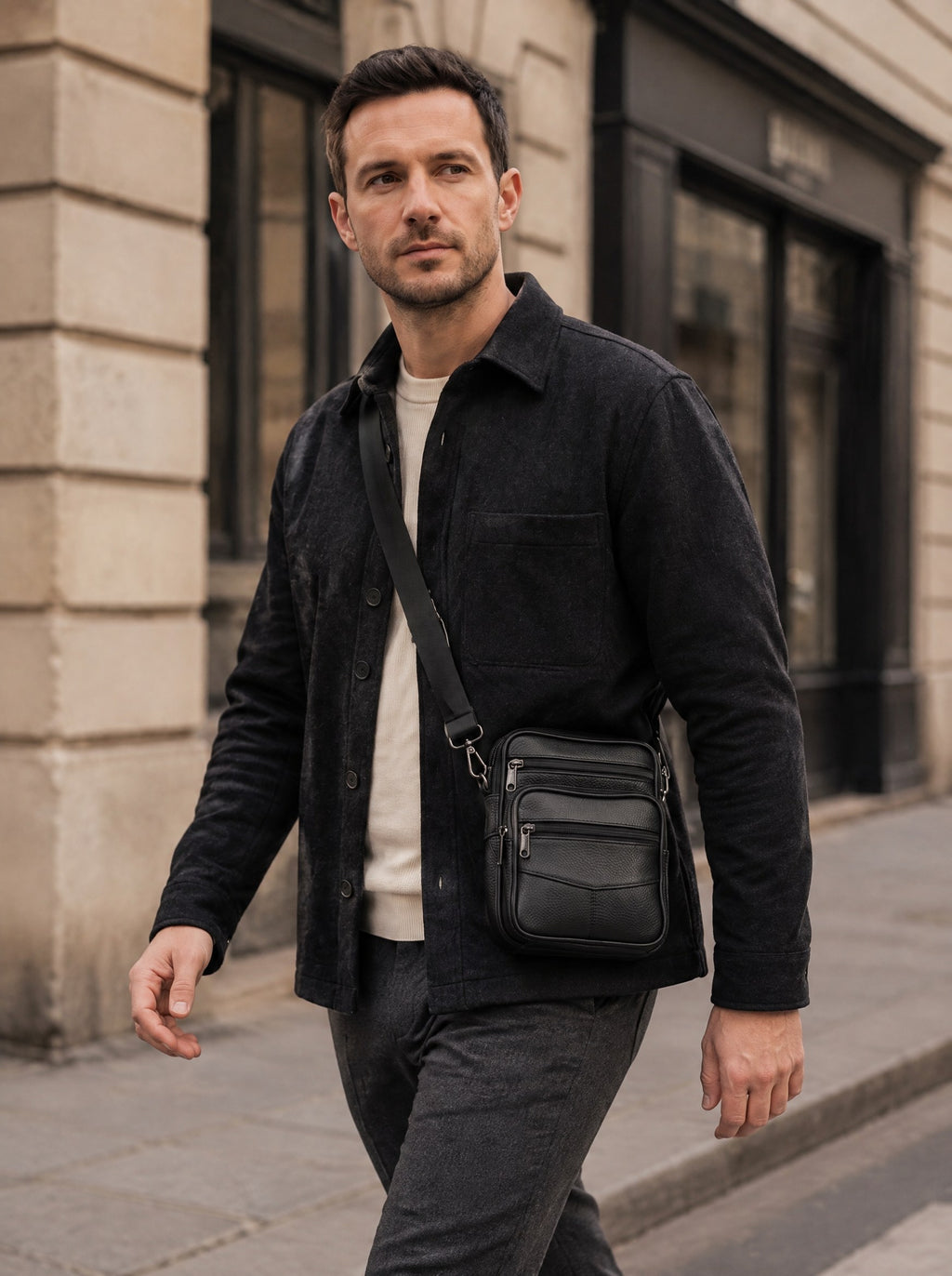 Sacoche homme bandoulière en cuir, poche téléphone — Le Compagnon, coloris Noir, porté en marche, vue de trois quarts