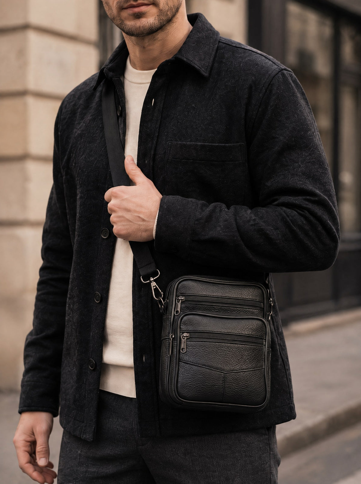 Sacoche homme bandoulière en cuir, poche téléphone — Le Compagnon, coloris Noir, porté gros plan