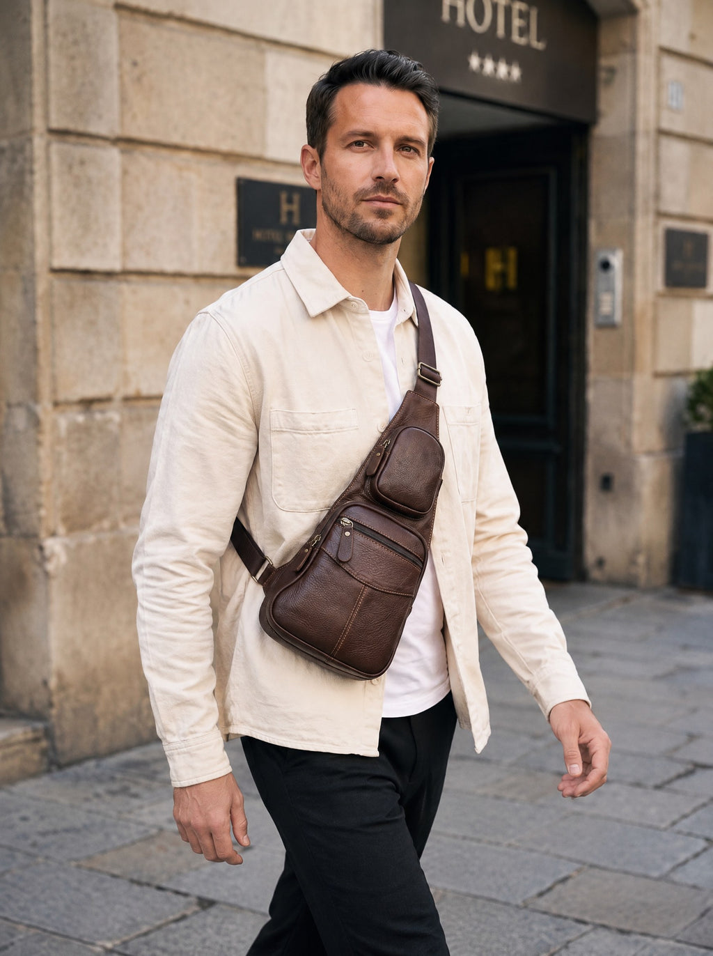 Sacoche bandoulière en cuir vintage homme — Le Voyageur, coloris Café, porté en marche, vue de trois quarts