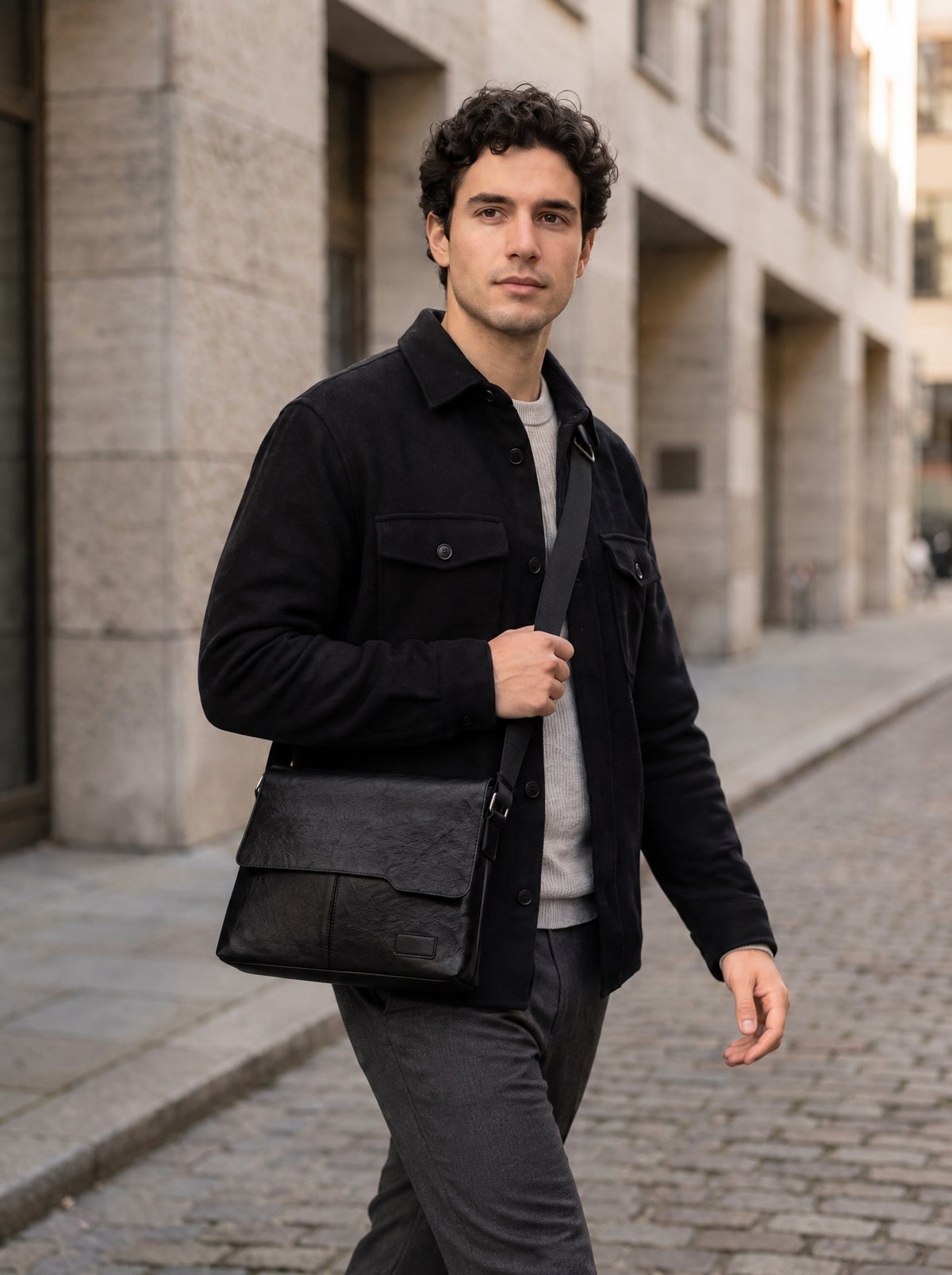 Sacoche bandoulière homme pour tablette — Le Nomade, coloris Noir, porté en marche, vue de trois quarts