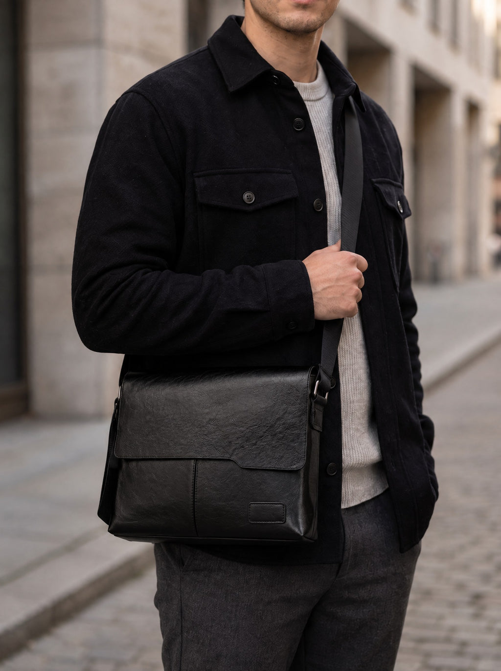 Sacoche bandoulière homme pour tablette — Le Nomade, coloris Noir, porté gros plan