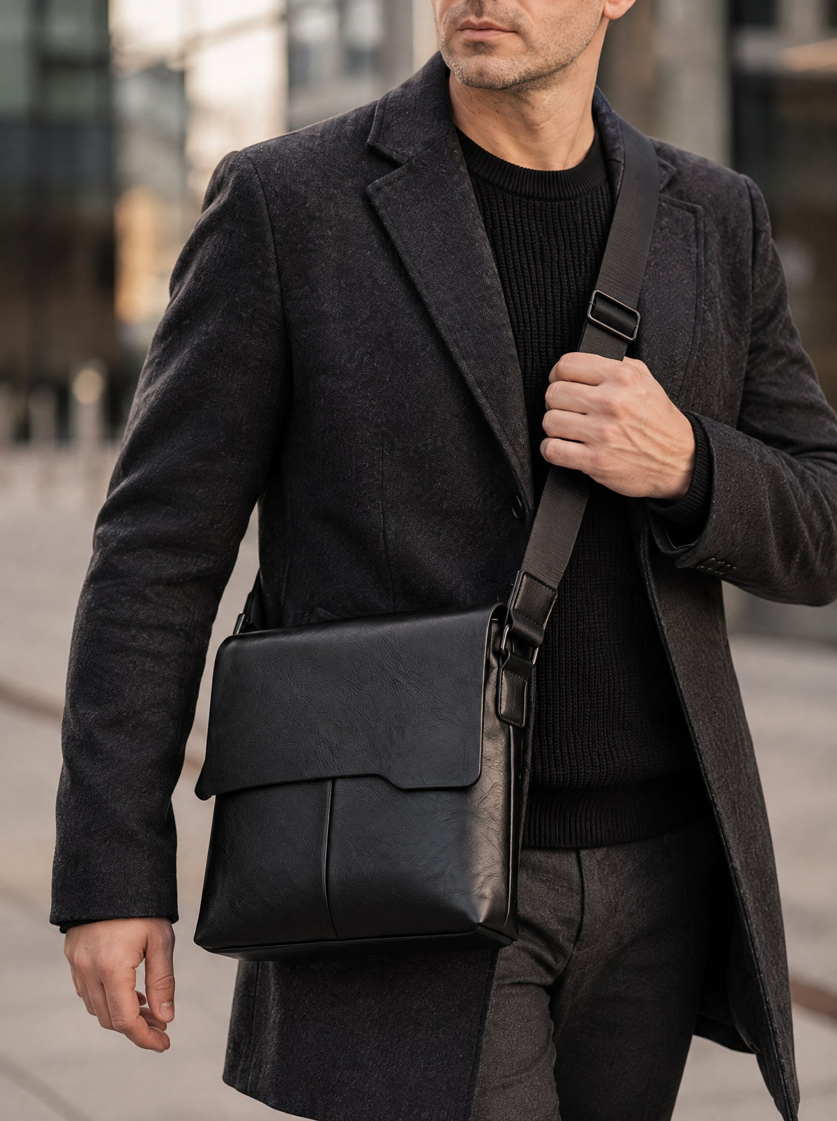 Sacoche messager homme, finition vintage — Le Rustique, coloris Noir, porté gros plan