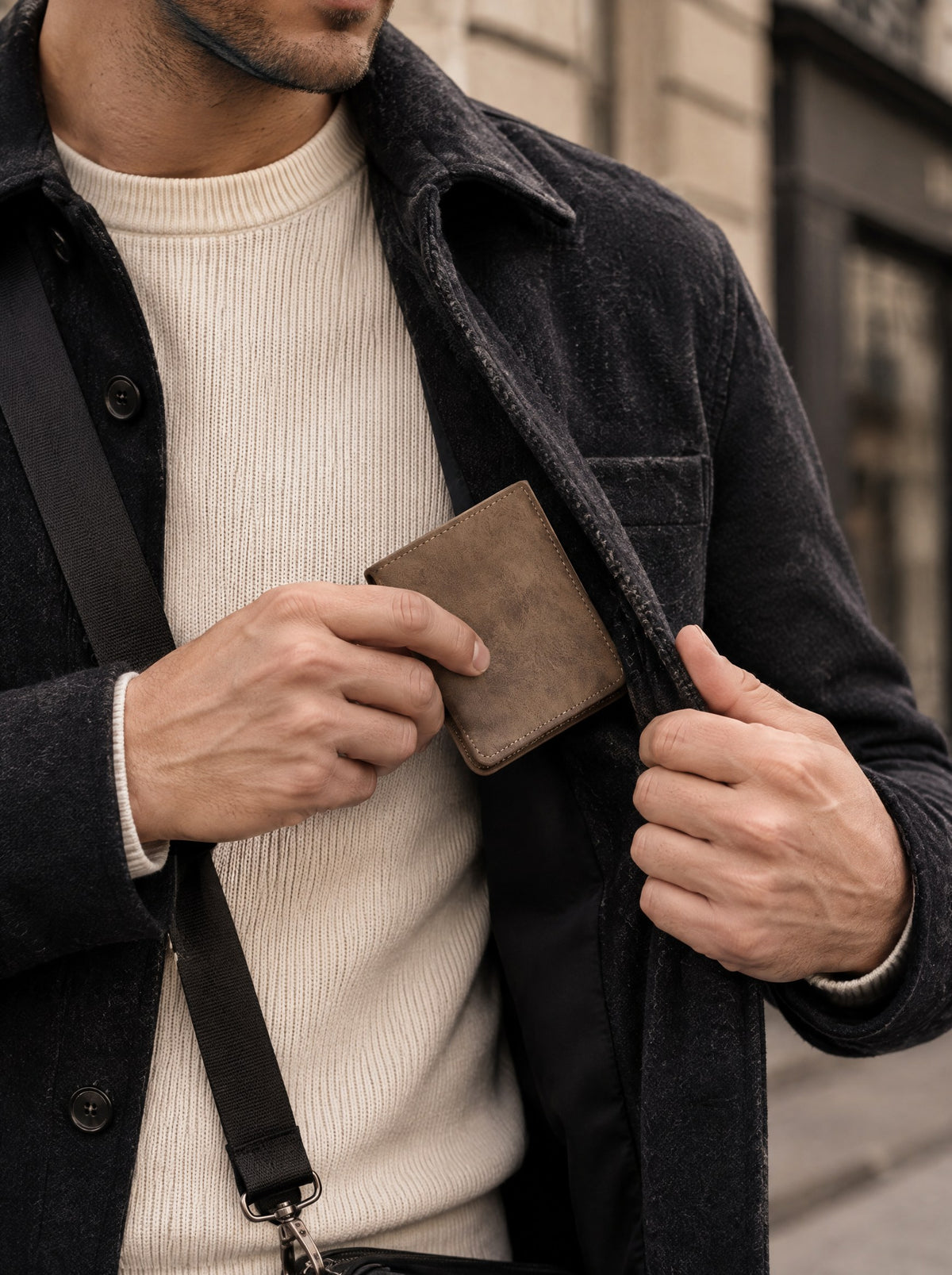Portefeuille homme porte-cartes simili cuir — Le Classique, coloris Marron, sorti de la poche du manteau