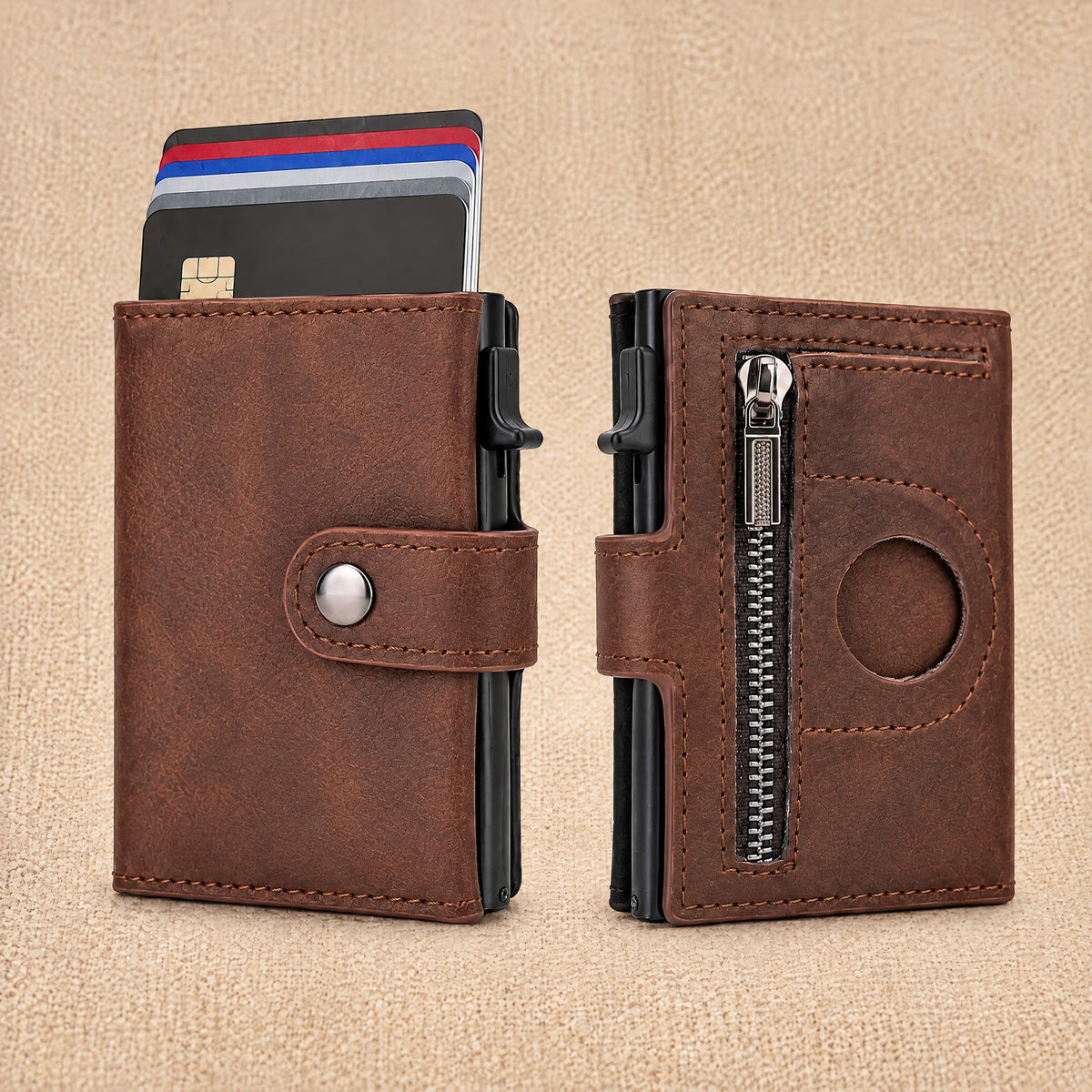 Portefeuille porte-cartes effet carbone, compartiment billets — Le Slim, coloris Café, face et dos