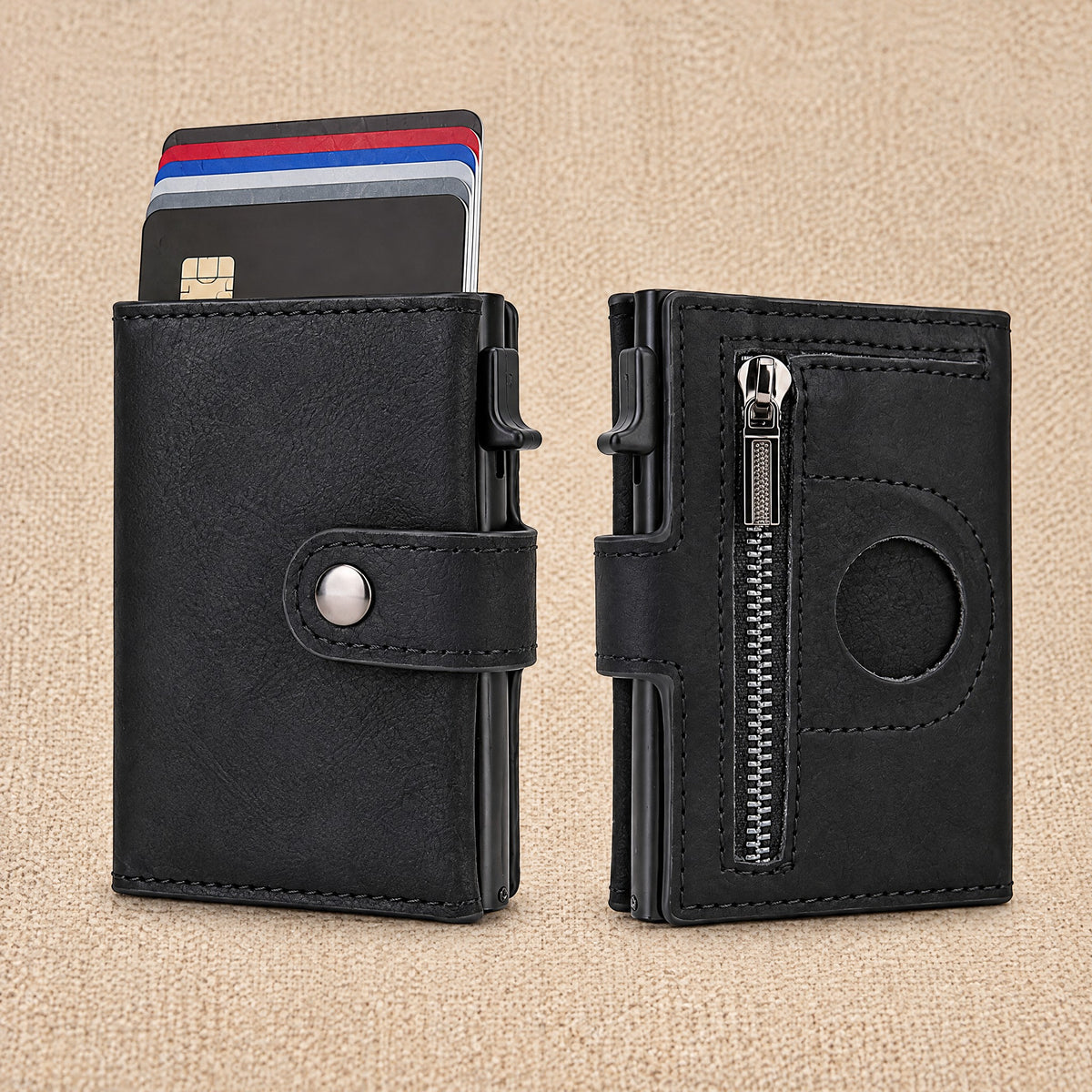 Portefeuille porte-cartes effet carbone, compartiment billets — Le Slim, coloris Noir, face et dos
