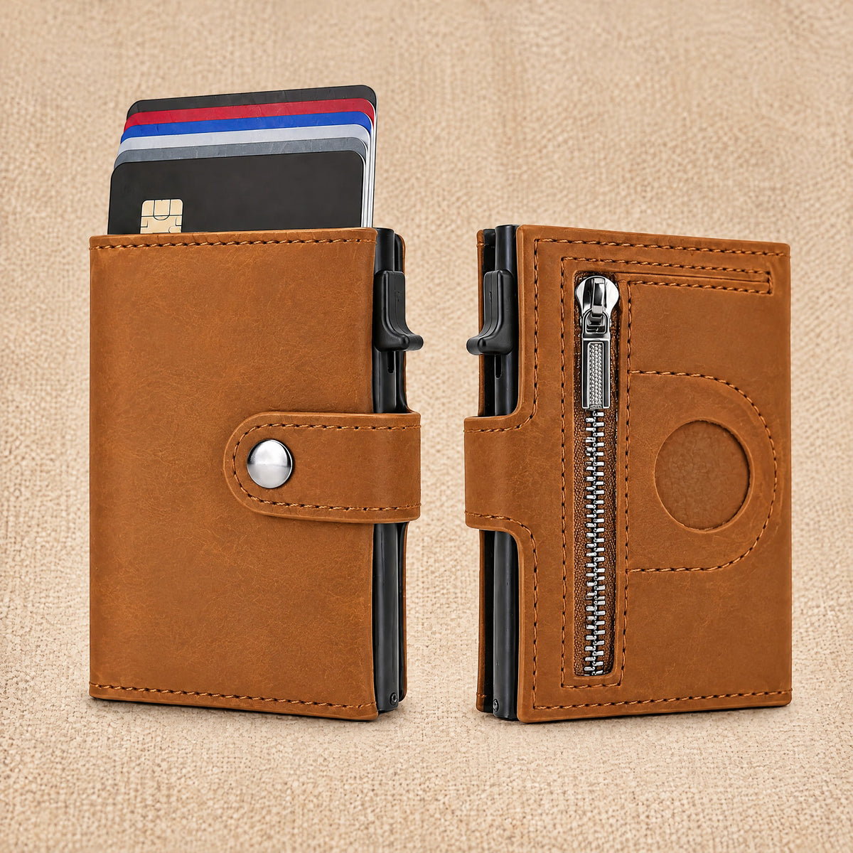 Portefeuille porte-cartes effet carbone, compartiment billets — Le Slim, coloris Marron, face et dos