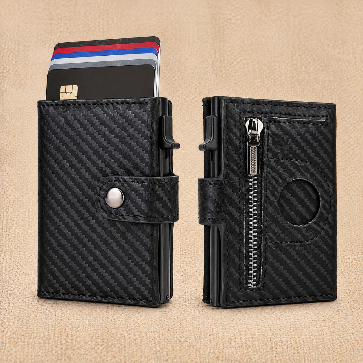Portefeuille porte-cartes effet carbone, compartiment billets — Le Slim, coloris Carbone noir, face et dos