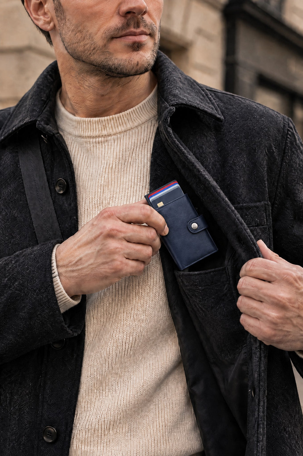 Portefeuille porte-cartes effet carbone, compartiment billets — Le Slim, coloris Bleu, sorti de la poche du manteau