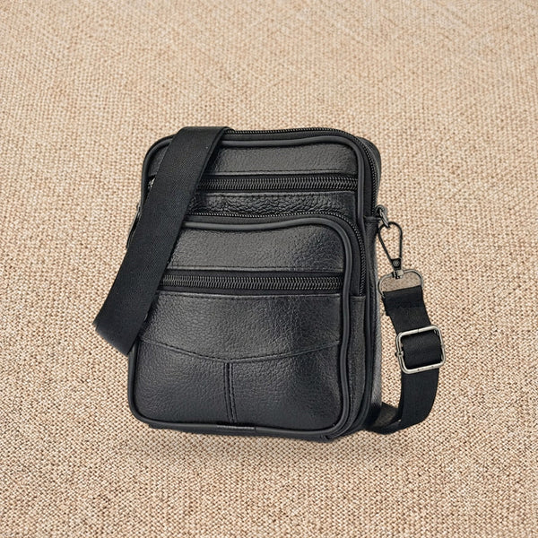 Sacoche homme bandoulière en cuir, poche téléphone — Le Compagnon, coloris Noir, vue de face