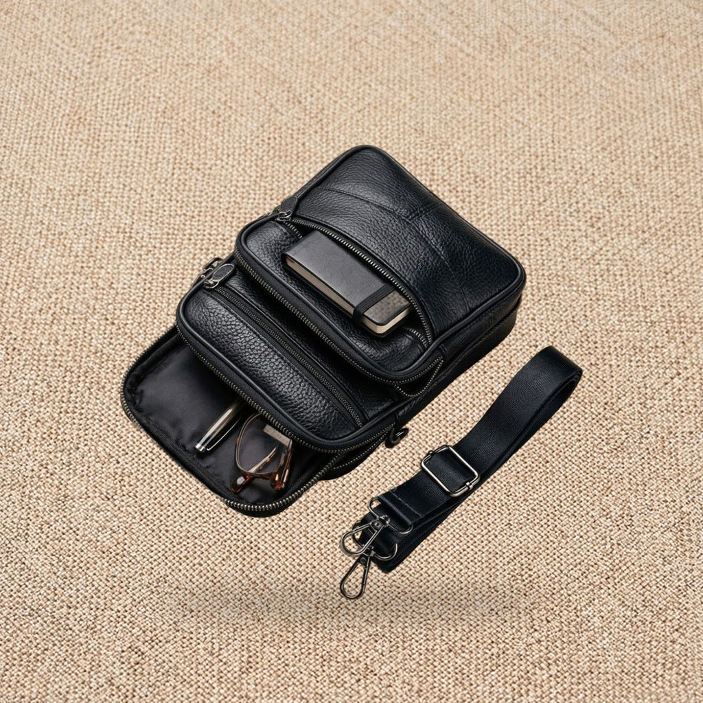 Sacoche homme bandoulière en cuir, poche téléphone — Le Compagnon, coloris Noir, intérieur