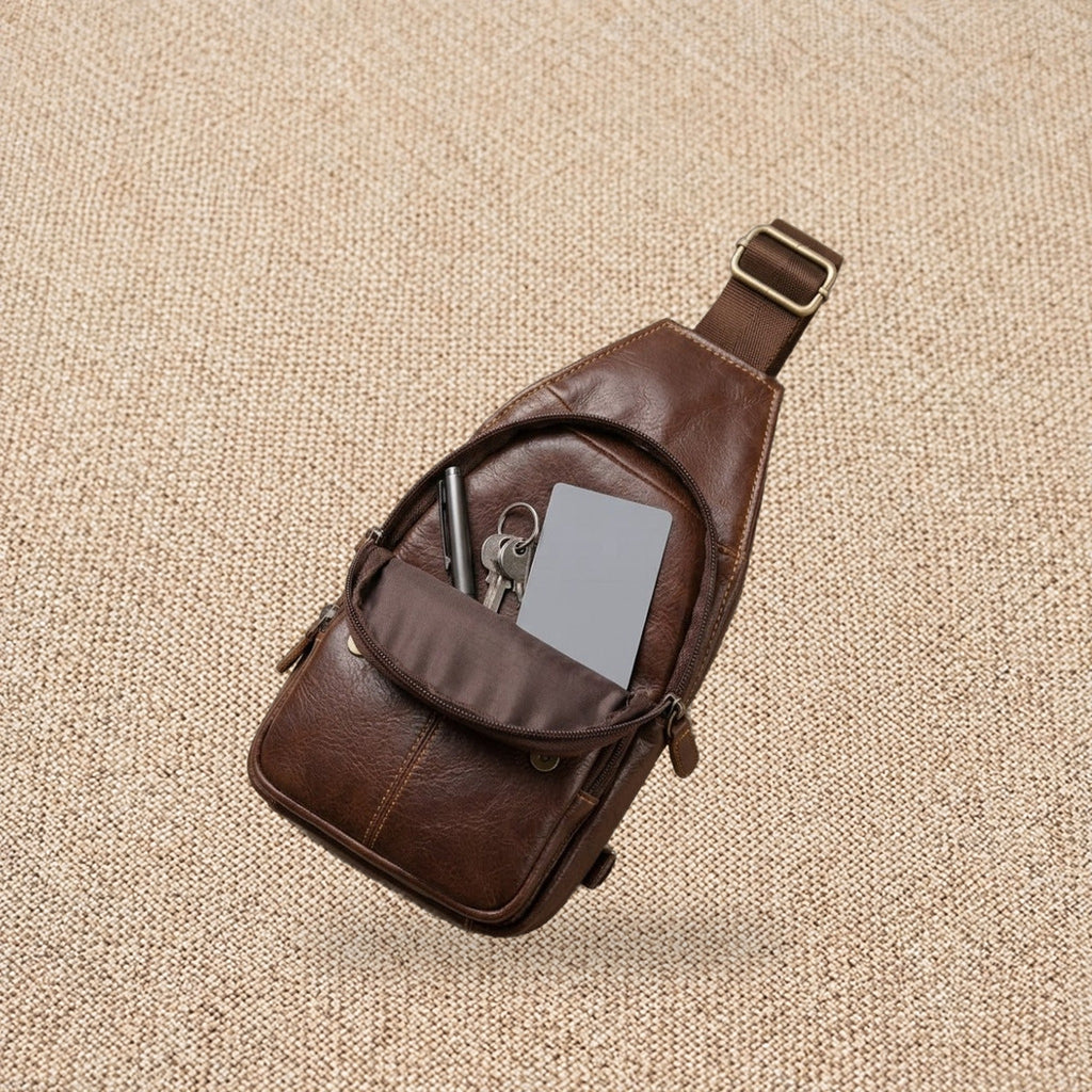 Sacoche bandoulière en cuir vintage homme — Le Voyageur, coloris Café, intérieur