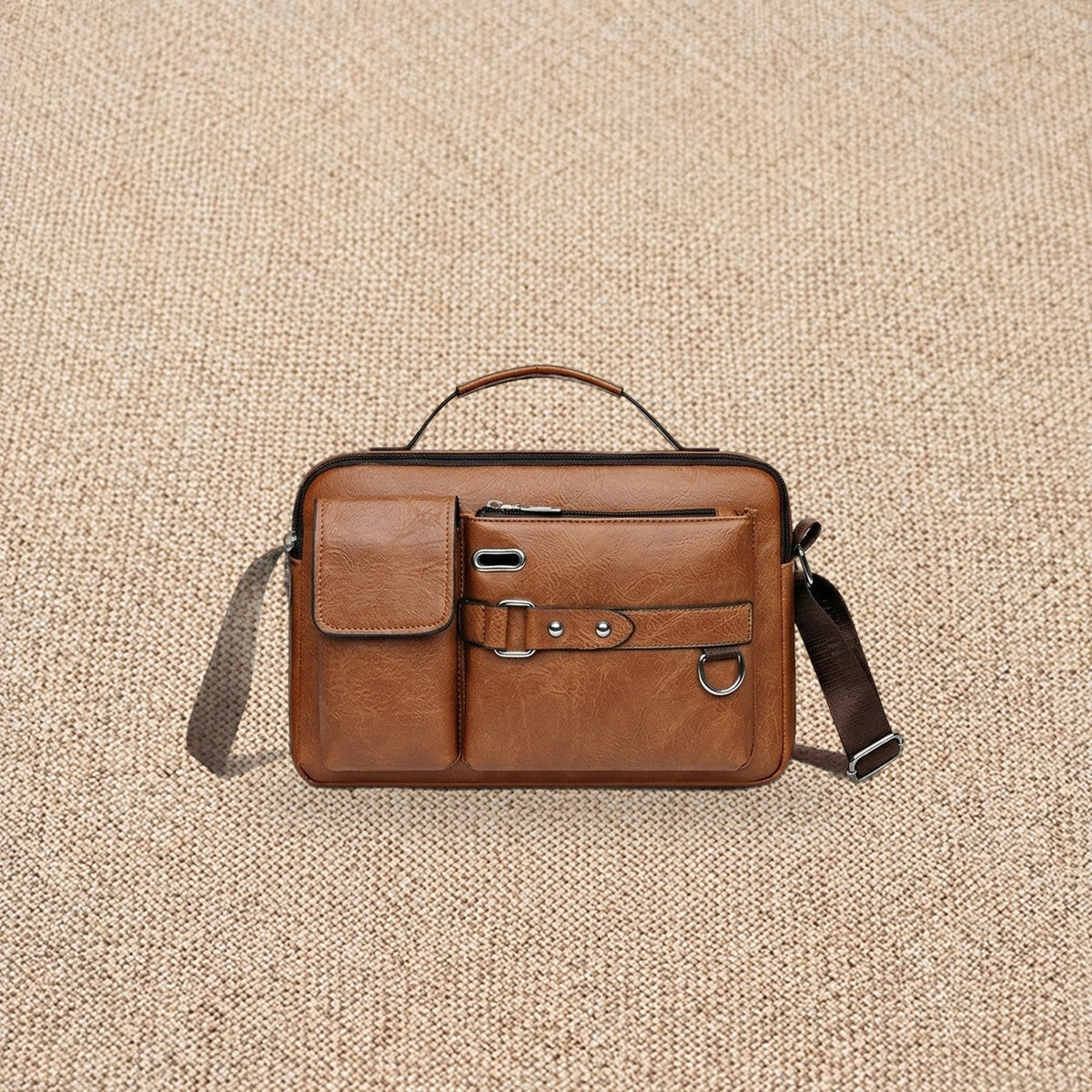 Sacoche messager homme rétro déperlante — Le Déperlant, coloris Marron camel, vue de face