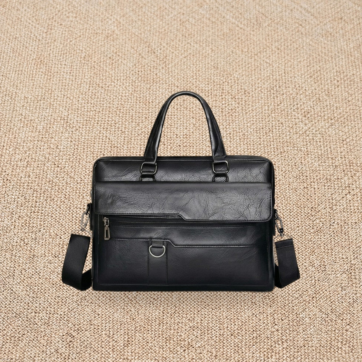 Sacoche ordinateur portable homme en simili cuir, aspect vintage — Le Bureau, coloris Noir, vue de face
