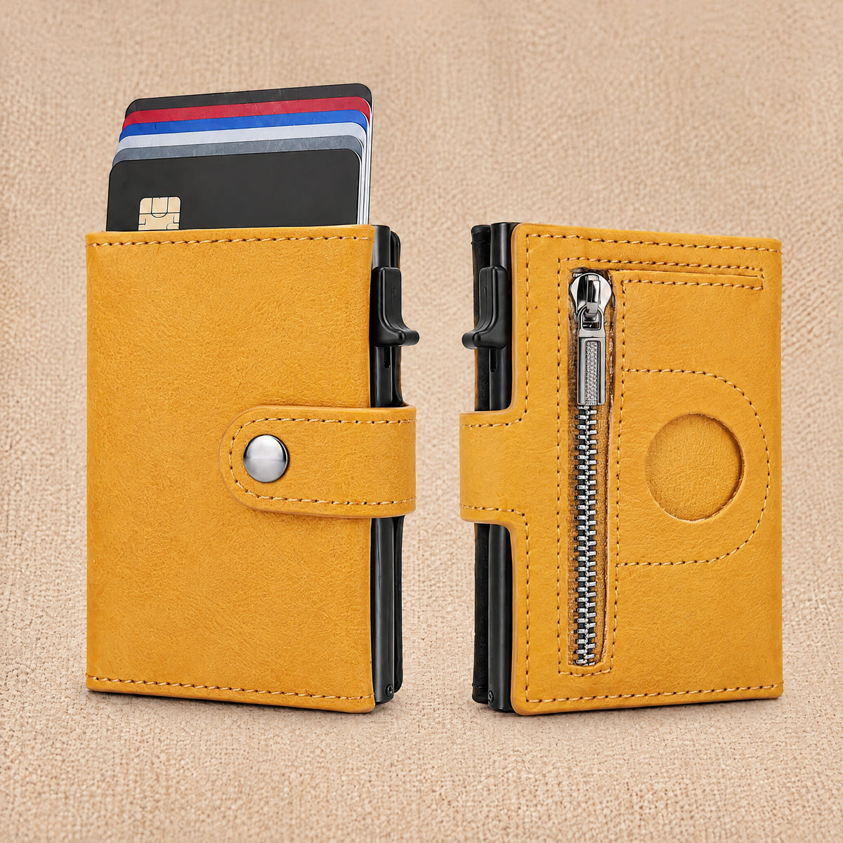 Portefeuille porte-cartes effet carbone, compartiment billets — Le Slim, coloris Jaune, face et dos
